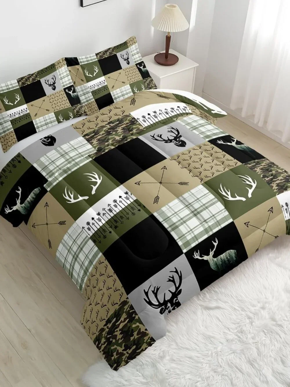 Hunting Camo Comforter Sets Queen Size，Bedding Sets for Kids,Arrows and Deers Co